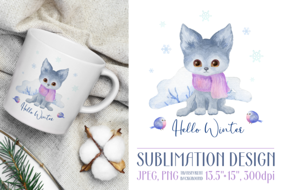 Hello Winter. Watercolor Baby Wolf